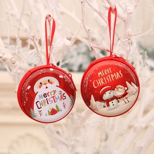 Christmas round metal coin purses with Santa and snowman patterns and red lanyards
