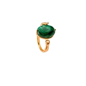Gold plated oval malachite ring with embedded diamonds in a vintage minimalist design