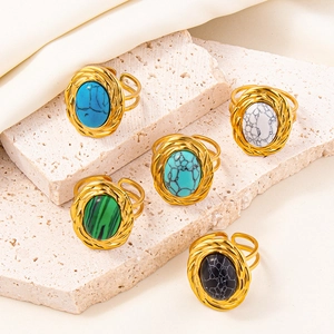 Vintage Geometric Ring 304 Stainless Steel Imitation Stone Inlay Adjustable Open Band Bohemian Style Minimalist Jewelry