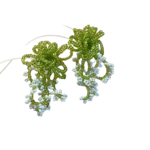 Handmade beaded flower tassel earrings in green and light blue crystal beads