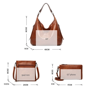 Size guide for vintage leather 3-piece bag set showing dimensions for tote, crossbody and pouch