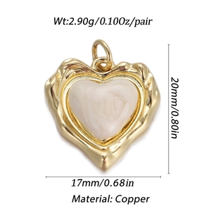 Macro detail of heart pendant showing dimensions 20mm by 17mm and 18K gold copper plating