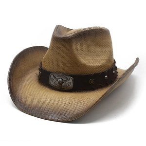 Western Cowboy Hat Paper Straw Wide Brim Sun Protection Hat With Leather Band Bull Head Buckle Retro Ethnic Style