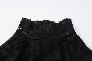 Detailed macro view of black lace high neck and metal zipper on summer fitted dress