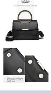 Détails du fermoir magnétique et des coutures blanches sur le sac à main en cuir noir