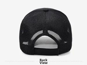 Rear view of a black breathable mesh baseball cap featuring an adjustable buckle closure