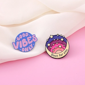 Inspirational enamel lapel pins with Good Vibes Only and Best For You motifs