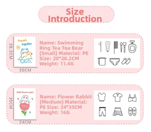 Size guide for travel storage bags showing dimensions for small and medium PE organizers