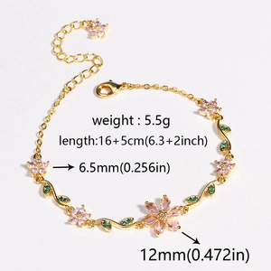 Elegant gold flower chain bracelet with pink zircon petals and adjustable lobster clasp