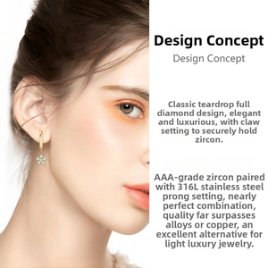 Detailed view of 316L stainless steel flower earrings with AAA cubic zirconia claw setting