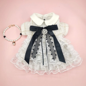 Elegant Pet Dress Lace Tweed Puppy Cat Costume Luxury Style With Black Bow And Faux Artificial Pearl Brooch Spring Autumn Apparel