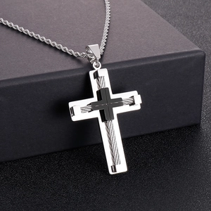 Men's retro stainless steel cross pendant necklace with silver and black layered design
