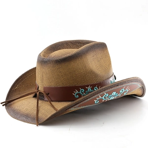 Close-up of retro cowboy hat featuring turquoise floral embroidery and dark leather band