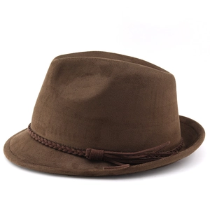 Detail of dark brown faux suede cowboy hat with braided decorative band and matte finish
