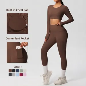 Women High Waist Yoga Set Long Sleeve Crop Top And Pocket Leggings Brushed Breathable High Elastic Athletic Outfit Top And Bottom