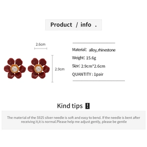 Detailed specs of red flower earrings with rhinestone and S925 silver needle size info