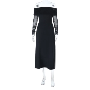 Detail of elegant off-shoulder black dress with sheer mesh pleated long sleeves