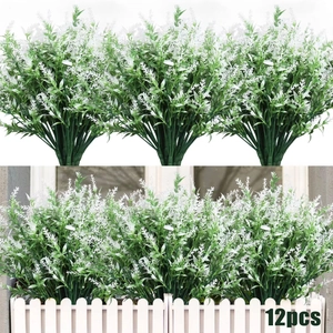 Detail of 12pcs artificial lavender bouquets with white frost texture in a picket fence