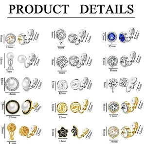 Detailed catalog of geometric clip-on earrings with size labels and metal fasteners