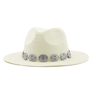 Beige Panama straw hat with flat brim and vintage floral silver metal band decoration