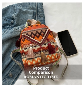 Detail view of Bohemian woven mini backpack with vibrant orange tassels and ethnic strap
