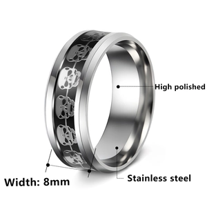8mm punk style skull ring in high polished stainless steel for men on white background