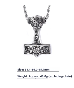 Detailed close-up of Mjölnir pendant showing measurements 51.4mm by 34mm and weight 48g
