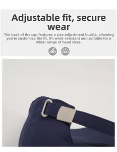 Detail of adjustable metal buckle on navy blue quick-dry cap for personalized head fit