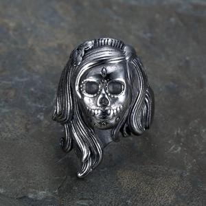 Gothic long hair skull women face ring in vintage silver stainless steel punk style