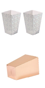 Detail of popcorn boxes with silver holographic stars and metallic rose gold finish