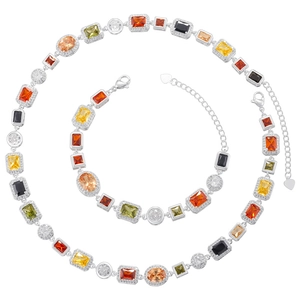 Luxury multi-color gemstone jewelry set featuring rectangle necklace and bracelet set