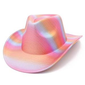Close-up of pink holographic cowboy hat showing rainbow metallic luster and coated texture