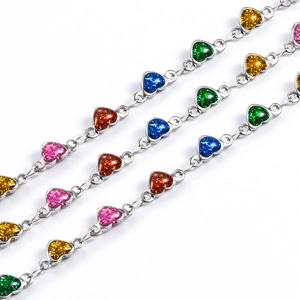Colorful stainless steel heart link chains with glitter enamel for DIY jewelry making