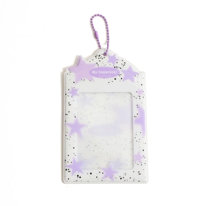 Detail of PVC photo card holder with purple star patterns and a purple beaded chain