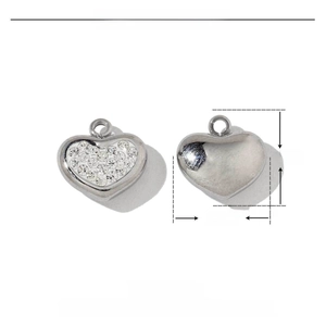 Macro view of stainless steel heart pendant with pave rhinestones and measurements