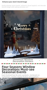 Detail of Christmas window stickers with snowman and snowflakes on restaurant glass