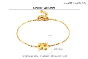 Detail of stainless steel letter R bracelet with crystal zircon inlay and product dimensions