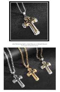 Detailed macro view of layered stainless steel gothic cross pendant necklaces in various finishes