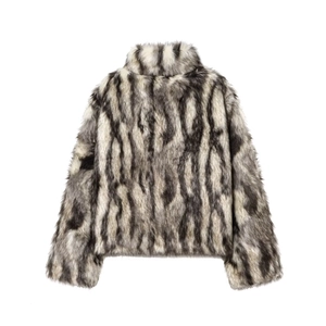 Faux fur coat for women with black and white zebra texture and stand collar design