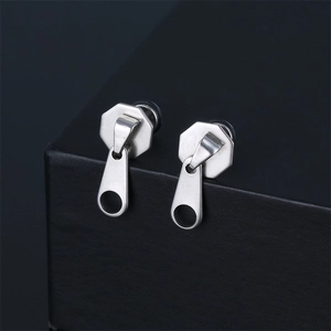 Punk style matte silver stainless steel zipper puller shaped stud earrings for men