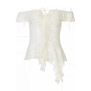 Detail of off-shoulder lace top with layered ruffles and delicate tie-up design