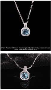 Detail of blue cubic zirconia pendant necklace in titanium steel with 45cm chain