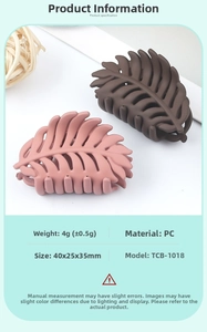 Detail view of leaf-shaped matte hair clips in brown and pink with PC material specs