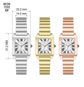 Detailed size chart showing rectangular watches in silver, gold, and rose gold finishes