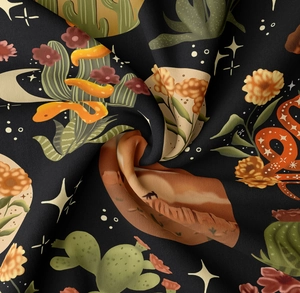 Detail of mushroom and snake desert tapestry showing soft polyester fabric texture