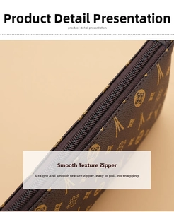 Macro shot of smooth metal zipper and vintage monogram pattern on brown leather bag