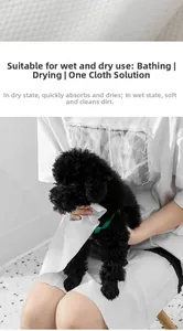 Macro detail of thick disposable pet towel for wet and dry use on a black dog