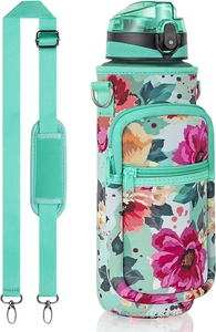 Close-up of floral SBR neoprene bottle sleeve with adjustable teal shoulder strap