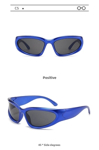 Detailed views of electric blue Y2K sports sunglasses from front and side angles