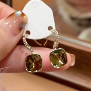 Square Brown Zircon Pendant Ear Hook Earrings Copper Geometric Rhinestone Elegant Retro Fashion Accessory For Women